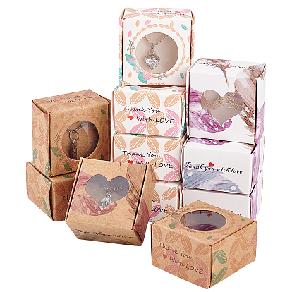 40Pcs 4 Style Foldable Creative Kraft Paper Gift Boxes, Jewelry Boxes, with Heart & Round Clear Windows, Square with Word Thank You with Love