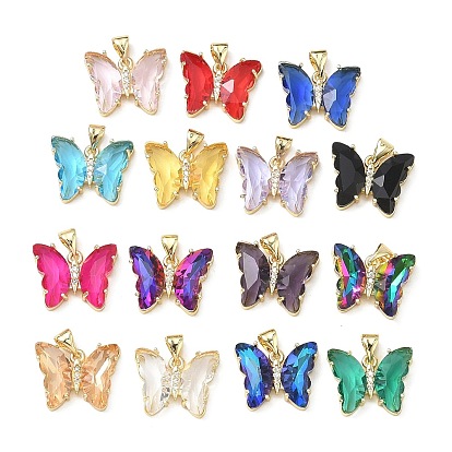Brass Micro Pave Clear Cubic Zirconia Pendants, with Glass, Butterfly Charms, Lead Free & Cadmium Free, Long-Lasting Plated, Rack Plating, Real 18K Gold Plated