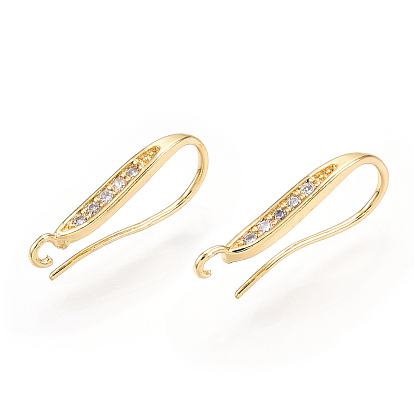 Brass Micro Pave Clear Cubic Zirconia Earring Hooks, with Horizontal Loop