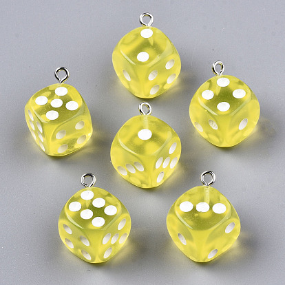 Epoxy Resin Pendants, with Platinum Plated Iron Loop, Cube with Dice, Mix Style