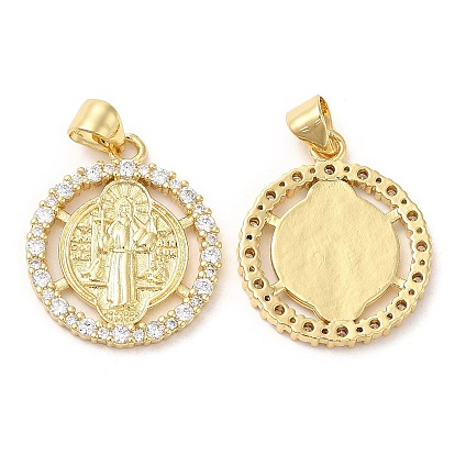 Rack Plating Brass Pendants, with Cubic Zirconia, Cadmium Free & Lead Free, Flat Round