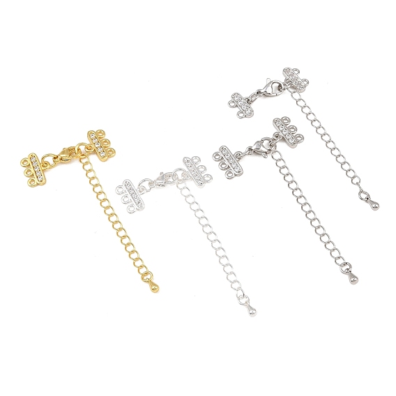 Brass Micro Pave Clear Cubic Zirconia Chain Extender, Necklace Layering Clasps, with Lobster Claw Clasps & Loops, Rack Plating, Lead Free & Cadmium Free, Long-Lasting Plated