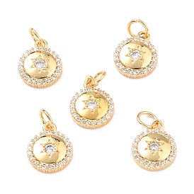 Brass Micro Pave Clear Cubic Zirconia Charms, with Jump Ring, Long-Lasting Plated, Flat Round with Star