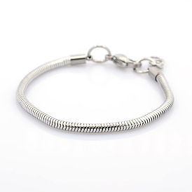 304 Stainless Steel European Style Round Snake Chains Bracelets, with Lobster Claw Clasp, 163x3mm