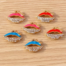 Alloy Enamel Pendants, with Rhinestone, Golden, Lip with Bowknot Charm