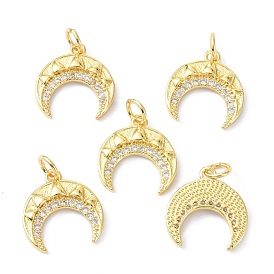 Brass Micro Pave Cubic Zirconia Charms, with Jump Ring, Long-Lasting Plated, Lead Free & Cadmium Free, Double Horn/Crescent Moon