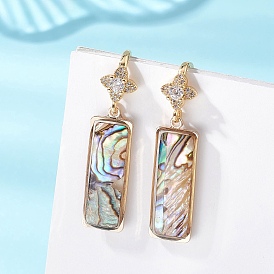 Серьги-подвески из латуни с прозрачным кубическим цирконием и прозрачным паве, с подвесками из натуральных раковин морского ушка/морского ушка, прямоугольник с клевером