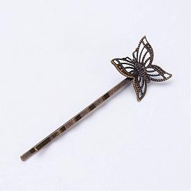 Iron Hair Bobby Pin Findings, with Brass Filigree Findings, Butterfly