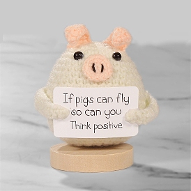 Cute Funny Positive Pig Doll, Wool Knitting Doll with Positive Card and Wood Base, for Home Office Desk Decoration Gift