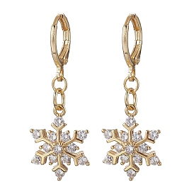 Christmas Snowflake Brass Micro Pave Clear Cubic Zirconia Hoop Earrings, with Huggie Hoop Earring Findings