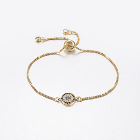 Регулируемые латунные браслеты из микропаве из циркония и боло, слайдерные браслеты, с латунной коробки цепей, плоские круглые с цветком