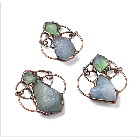 Natural Aquamarine & Green Fluorite Big Pendants, with Red Copper Tone Brass Findings, Jump Rings, Cadmium Free & Lead Free, Nuggets