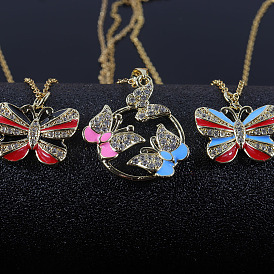 Colorful Butterfly Oil Drop Necklace with Copper Plated Real Gold and Micro Inlaid Zircon, Fashionable Pendant Jewelry.