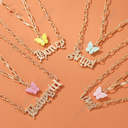Акриловые бабочки и сплав слово кулон двухслойные ожерелья для женщин, золотые