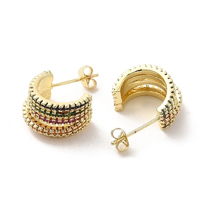 Brass Micro Pave Colorful Cubic Zirconia Stud Earrings, Split Earrings