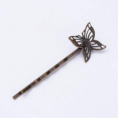 Iron Hair Bobby Pin Findings, with Brass Filigree Findings, Butterfly