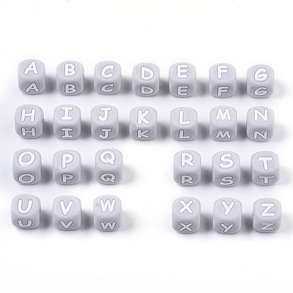 Food Grade Eco-Friendly Silicone Beads, Horizontal Hole, Chewing Beads For Teethers, DIY Nursing Necklaces Making, Letter Style, Cube