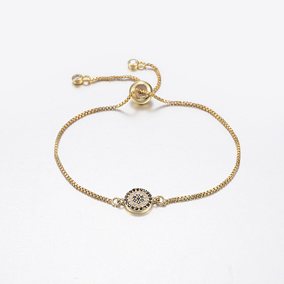 Регулируемые латунные браслеты из микропаве из циркония и боло, слайдерные браслеты, с латунной коробки цепей, плоские круглые с цветком