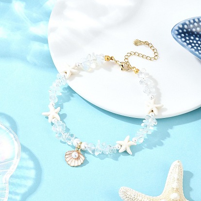 Браслеты на ногу из цинкового сплава с эмалью в форме ракушки, круглые ракушки, жемчуг и окрашенная синтетическая бирюза, морские звезды и каменная крошка, золотые