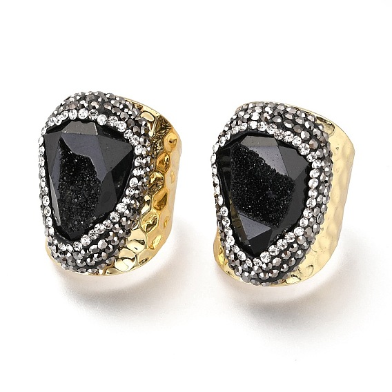 Натуральные друзы агатовые манжеты, широкая полоса кольца, открытые кольца, с полимерной глины горный хрусталь и золотые металлизированные выводы из латуни, чеканный, граненые