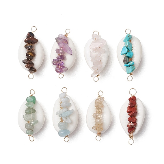 8 шт. 8 стили натуральный розовый кварц, тигровый глаз, хаулит, зеленый авантюрин, золотой рутиловый кварц, аметист, красная яшма и аквамарин подвески-коннекторы из натуральной ракушки каури, обмотанные медной проволокой