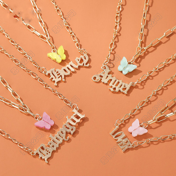 Акриловые бабочки и сплав слово кулон двухслойные ожерелья для женщин, золотые