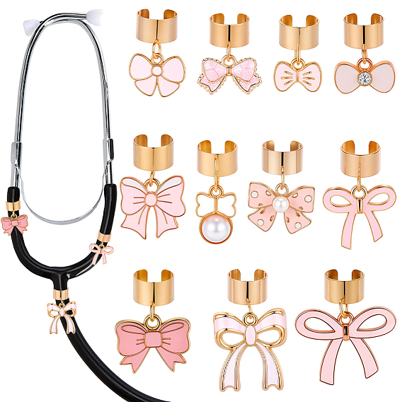 22Pcs 11 Styles Alloy Enamel Stethoscope Pendant Decorations, Bowknot, with 304 Stainless Steel Findings, Golden
