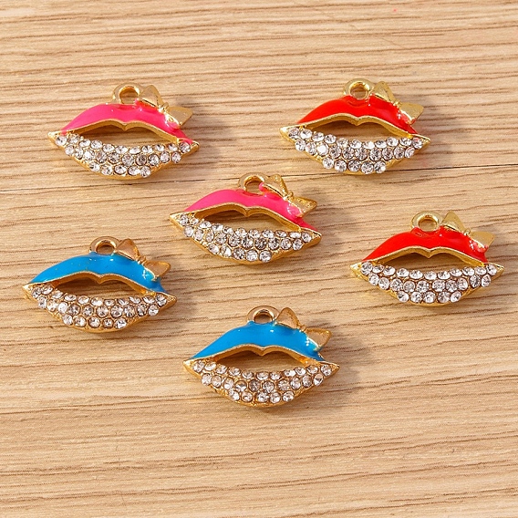 Emaille Anhänger Legierung, mit Strass, golden, Lippe mit Schleifenanhänger