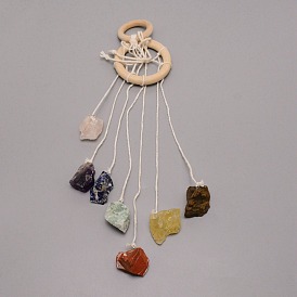 Ring Wind Chimes, with Natural Gemstone Nuggets Beads and Wood, for Home, Car Decoration