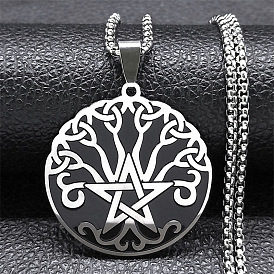 304 Stainless Steel Pendant Necklaces, Flat Round with Triquetra/Trinity Knot & Star Tree of Life Pattern