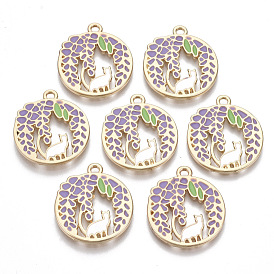  Alloy Pendants, with Enamel, Flat Round with Leaf and Cat Shape, Golden