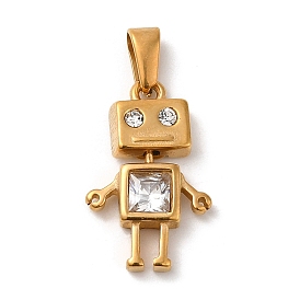 Vacuum Plating 304 Stainless Steel Pendants, with Rhinestone, Long-Lasting Plated, Robot Charm