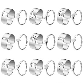 18Pcs 18 Style Heart & Dinosaur & Dolphin & Plane & Moon & Butterfly & Star Alloy Cuff Rings Set, Couples Matching Best Friend Promise Rings for Friends Lovers