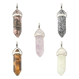5Pcs 5 Styles Natural Mixed Gemstone Double Terminated Pointed Pendants, Faceted Bullet, with Platinum Plated Random Alloy Pendant Hexagon Bead Cap Bails
