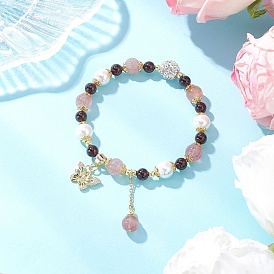 Браслеты из натуральных гранатовых и земляничных кварцевых бусин и ракушечного жемчуга, латунные браслеты с подвесками в виде бабочки из прозрачного кубического циркония с микропаве для женщин