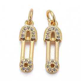 Brass Micro Pave Clear Cubic Zirconia Pendants, Long-Lasting Plated, Fibula