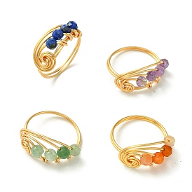 4Pcs 4 Style Natural Mixed Gemstone Round Beaded Finger Rings, Copper Wire Wrapped Vortex Ring