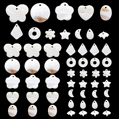 72Pcs 12 Styles Natural Freshwater Shell Pendants, Heart & Teardrop & Moon & Flat Round & Butterfly & Flower