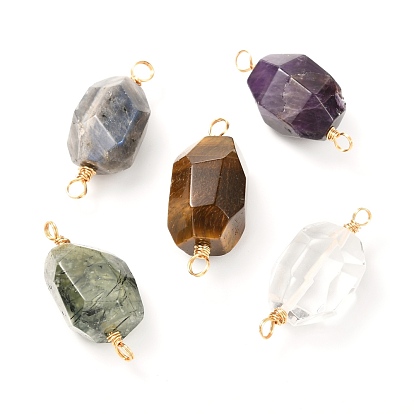 Natural Faceted Mixed Gemstone Links Connectors, with Real 18K Gold Plated Copper Wire, Polygon