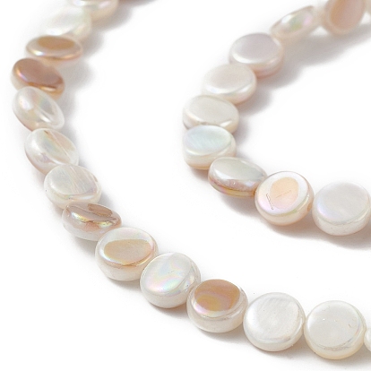 AB Color Plated Natural Freshwater Shell Beads Strands, Flat Round