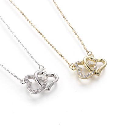 Brass Pendant Necklaces, with Cubic Zirconia and 304 Stainless Steel Cable Chains, Heart