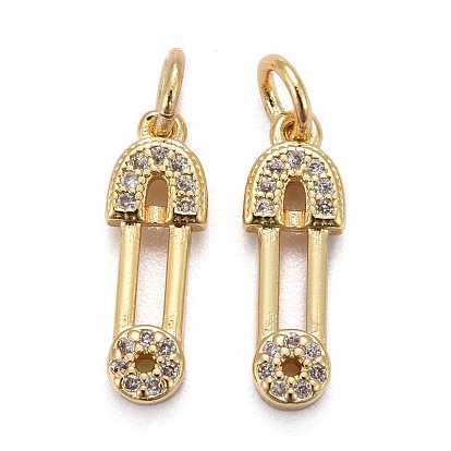 Brass Micro Pave Clear Cubic Zirconia Pendants, Long-Lasting Plated, Fibula