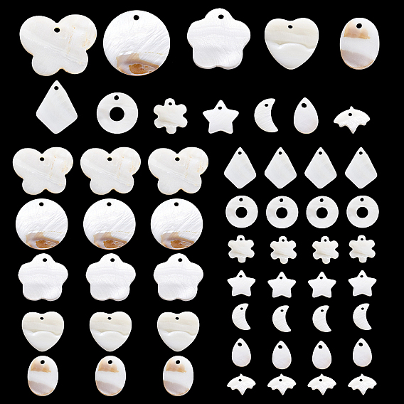 72Pcs 12 Styles Natural Freshwater Shell Pendants, Heart & Teardrop & Moon & Flat Round & Butterfly & Flower