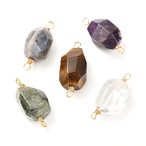Natural Faceted Mixed Gemstone Links Connectors, with Real 18K Gold Plated Copper Wire, Polygon