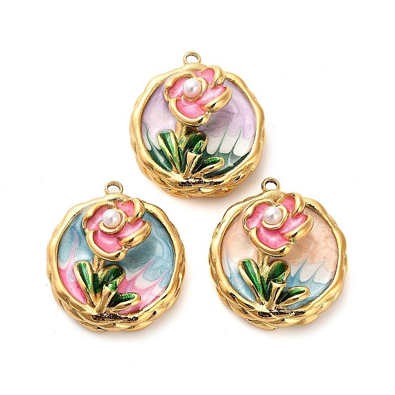 304 нержавеющей стальной эмали подвески, с ABS имитации жемчуга, плоские круглые с цветком, ионное покрытие (ip), реальный 18 k позолоченный