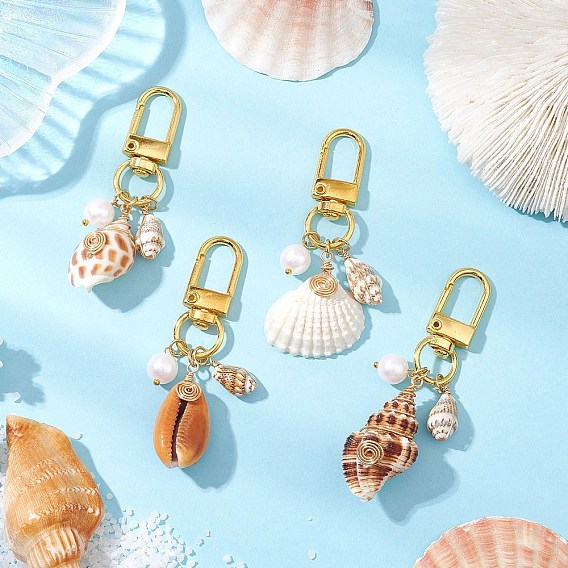 Подвески из натуральных ракушек, Бусины из пластика с помпоном и поворотные застежки из сплава, подвески для украшений сумок