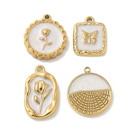 304 Stainless Steel Enamel Pendants, Golden, Flat Round & Oval & Square Charm