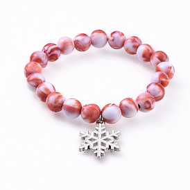 Estirar las pulseras del encanto, con cuentas acrílicas y colgante de aleación de esmalte, para la Navidad, copo de nieve