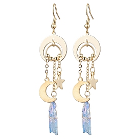 Boucles d'oreilles à pendentifs en cristal de quartz naturel teint, avec 304 accessoire en acier inoxydable, étoiles et la lune