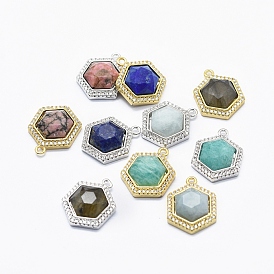 Natural Gemstone Pendants, with Cubic Zirconia and Brass Findings, Faceted, Hexagon, Clear